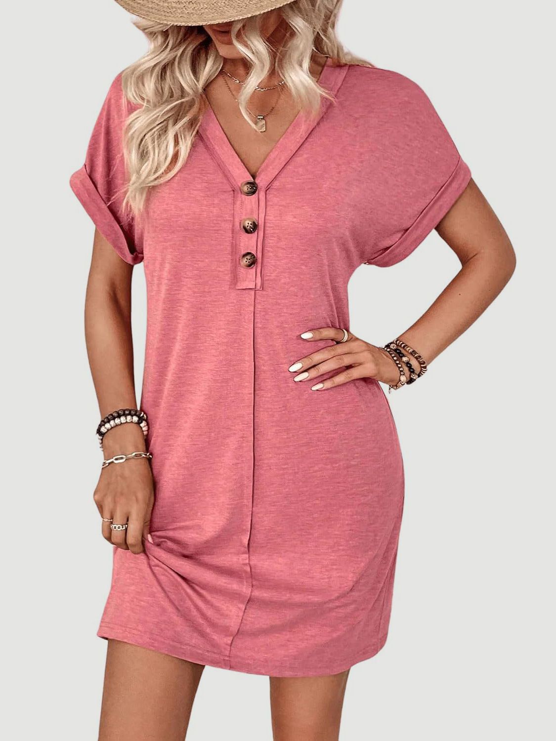 TEEK - Quarter Button V-Neck Short Sleeve Dress DRESS TEEK Trend Burnt Coral S 