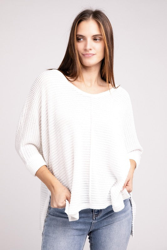 TEEK - 3/4 Sleeve V-Neck Hi-Low Hem Jacquard Sweater SWEATER TEEK FG   