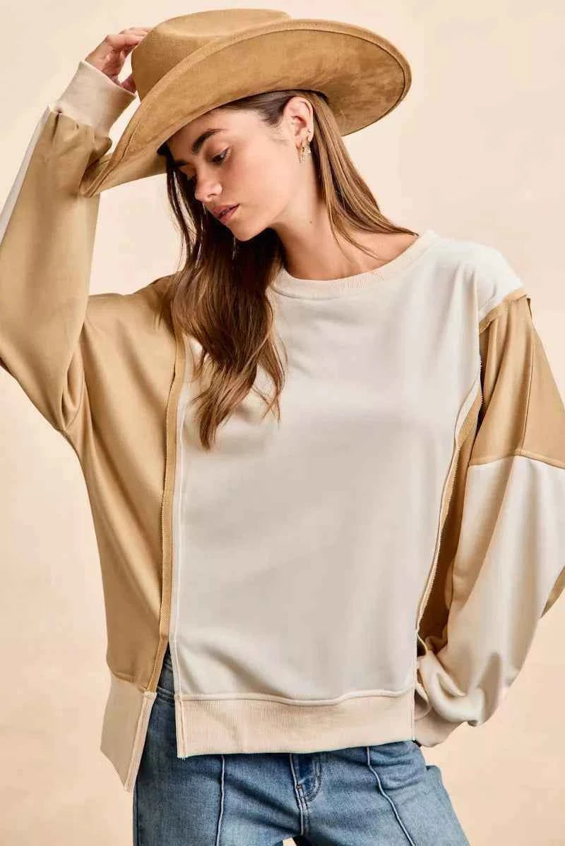 TEEK - French Terry Color Block Top With Open Seam Detail Trendsi