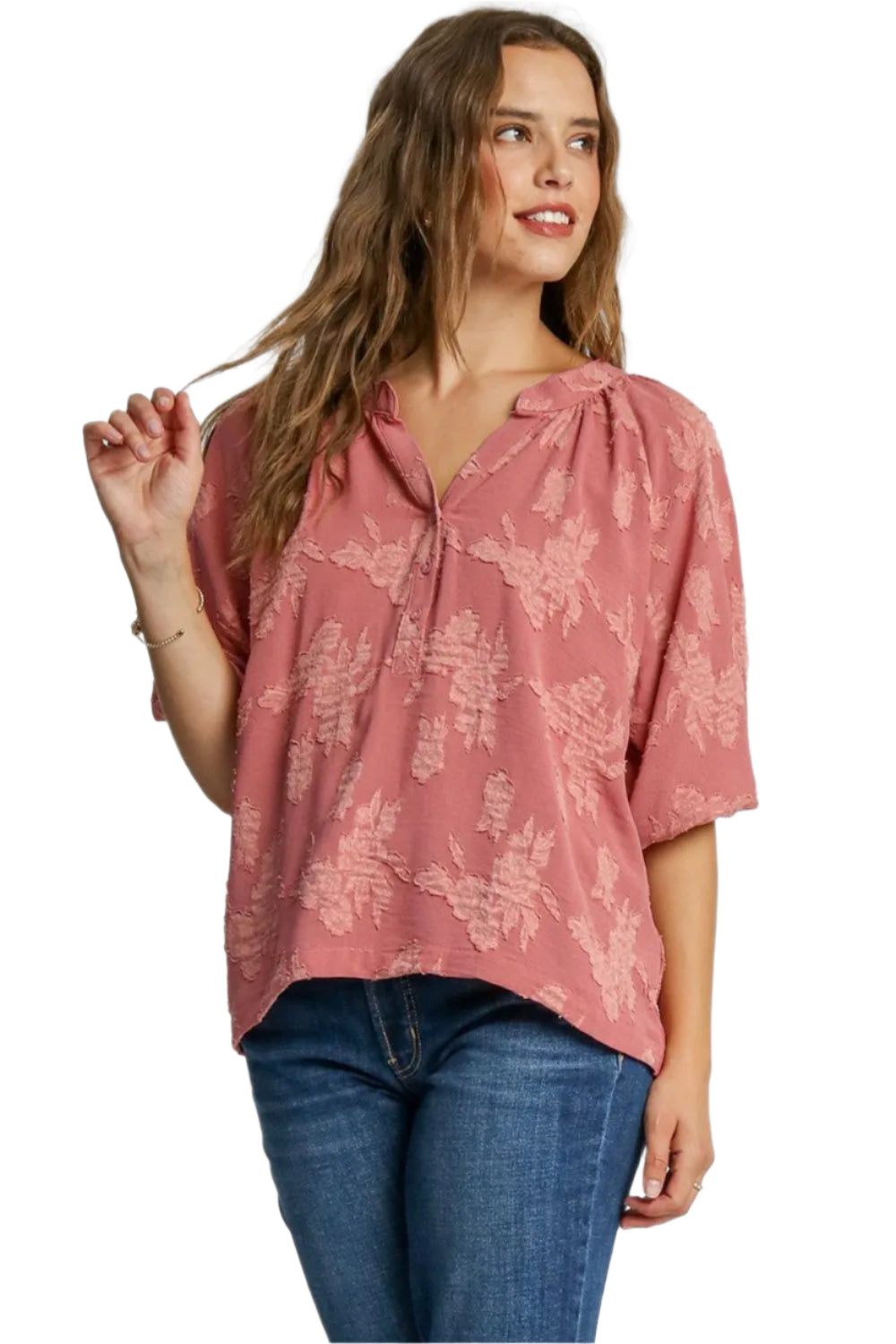 TEEK - Dusty Pink Notched Button Detail Half Sleeve Blouse TOPS TEEK Trend S