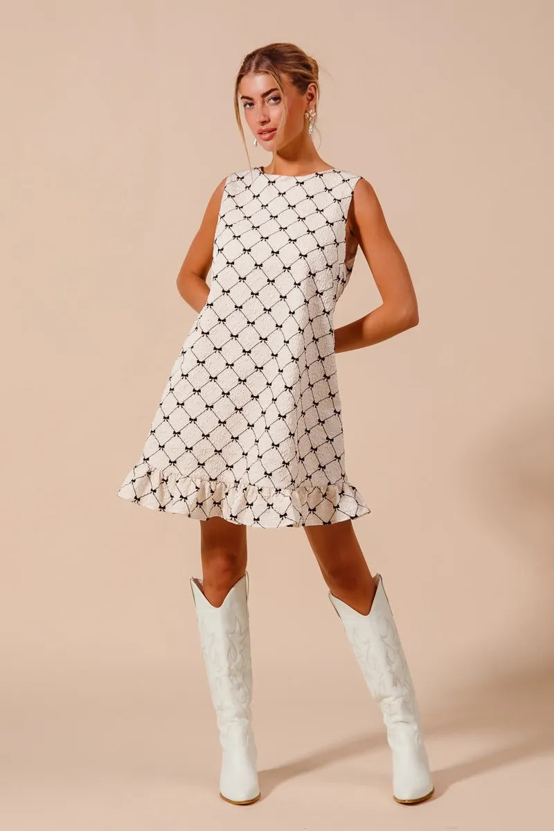 TEEK - Ivory Texture Bow Print Ruffle Dress DRESS TEEK Trend