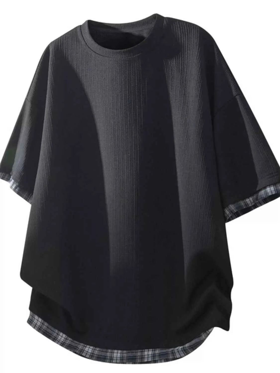 Men's Plus Size Short Sleeve Round Neck Plaid Trim T-Shirt Trendsi Black M