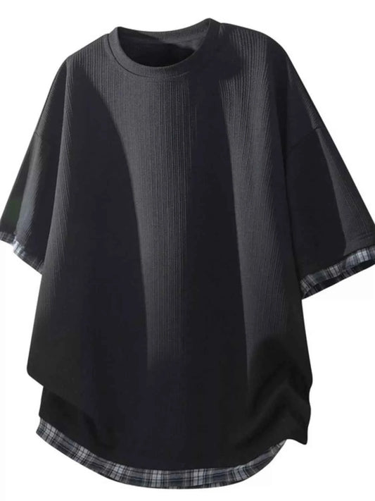 TEEK - Mens Short Sleeve Round Neck Plaid Trim T-Shirt TOPS TEEK Trend Black M