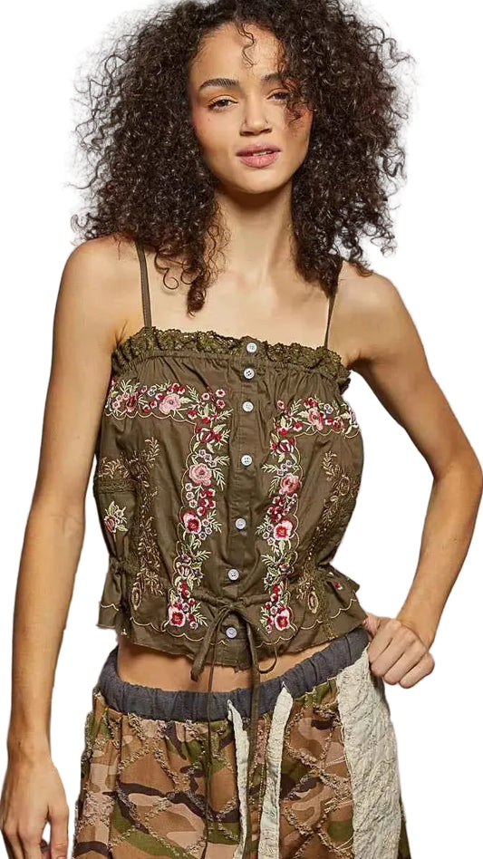 POL Button Down Floral Embroidered Cropped Cami with Lace Detail Trendsi CACAO S