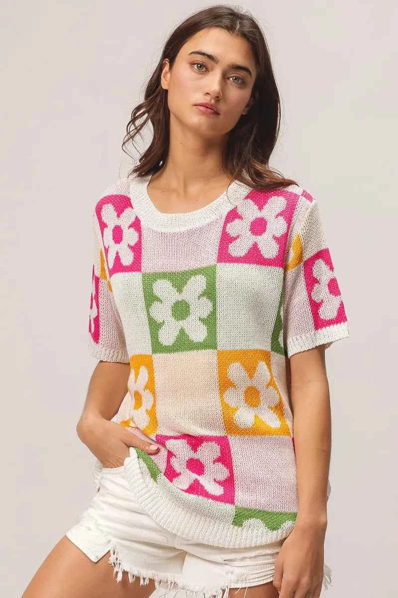 TEEK - Flower Checker Pattern Lightweight Sweater Top TOPS TEEK Trend