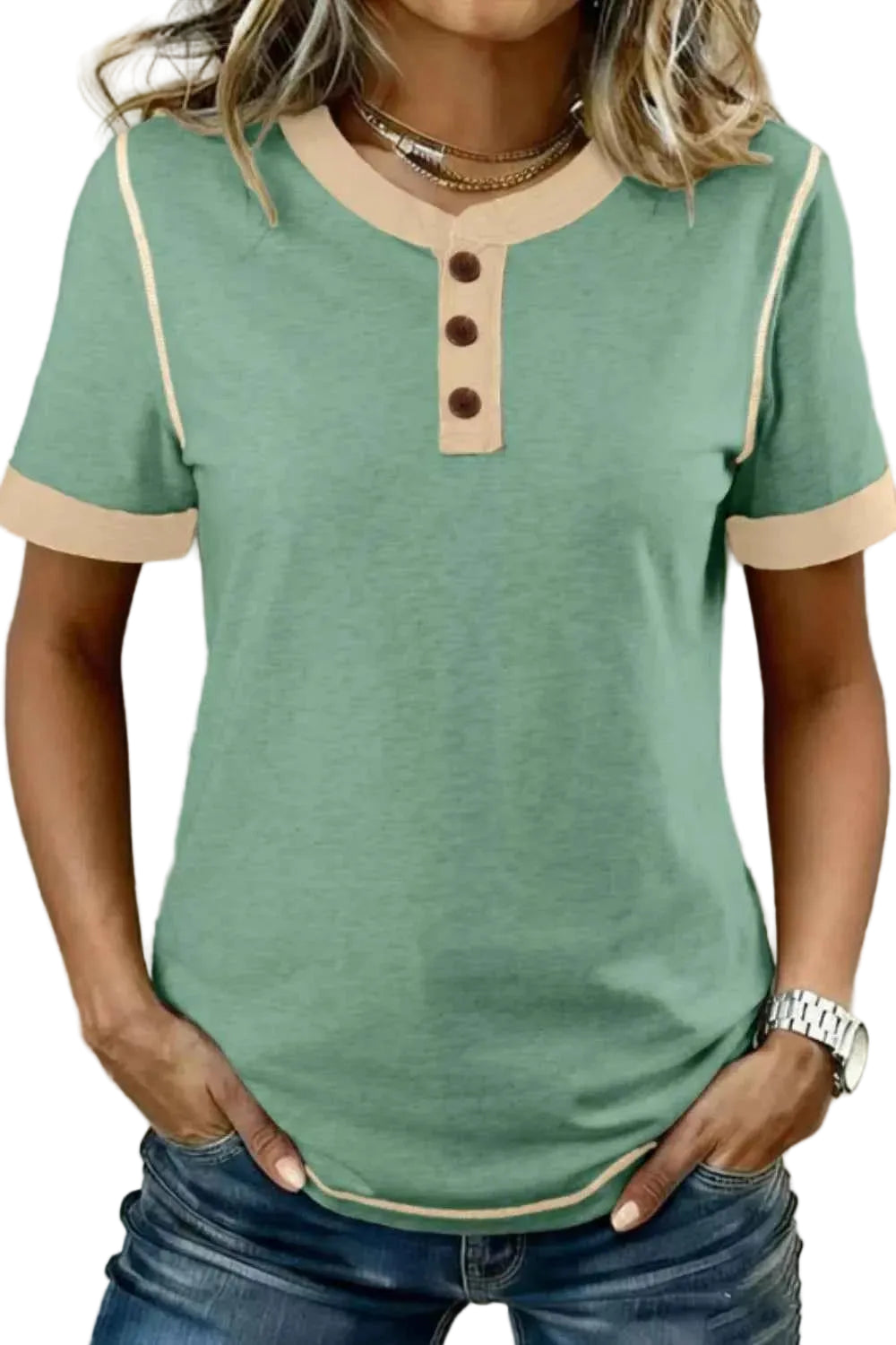 Casual Short Sleeve Button Detail Blouse Trendsi Sage S