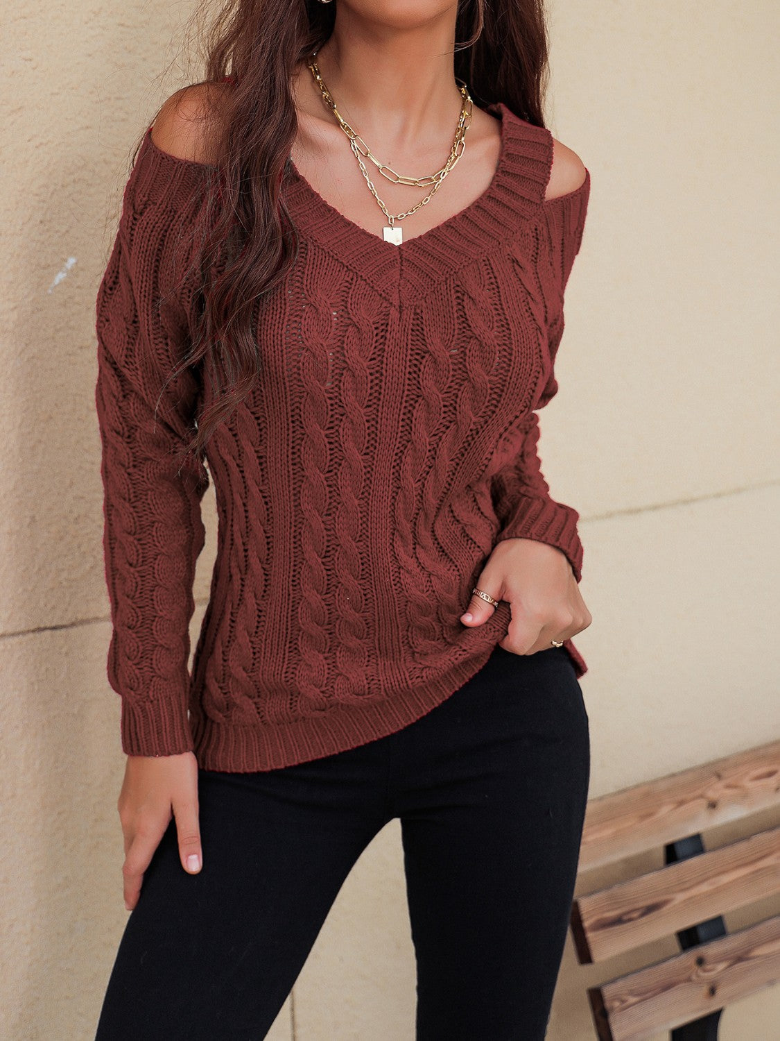 TEEK - Honey Cable-Knit V-Neck Cold Shoulder Sweater TOPS TEEK Trend