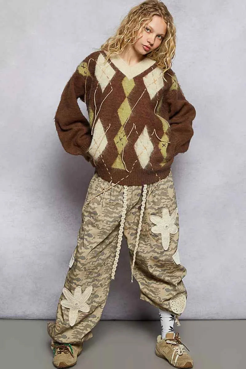 TEEK - V-Neck Argyle Pattern Mohair Contrast Exposed Stitch Sweater TOPS TEEK Trend