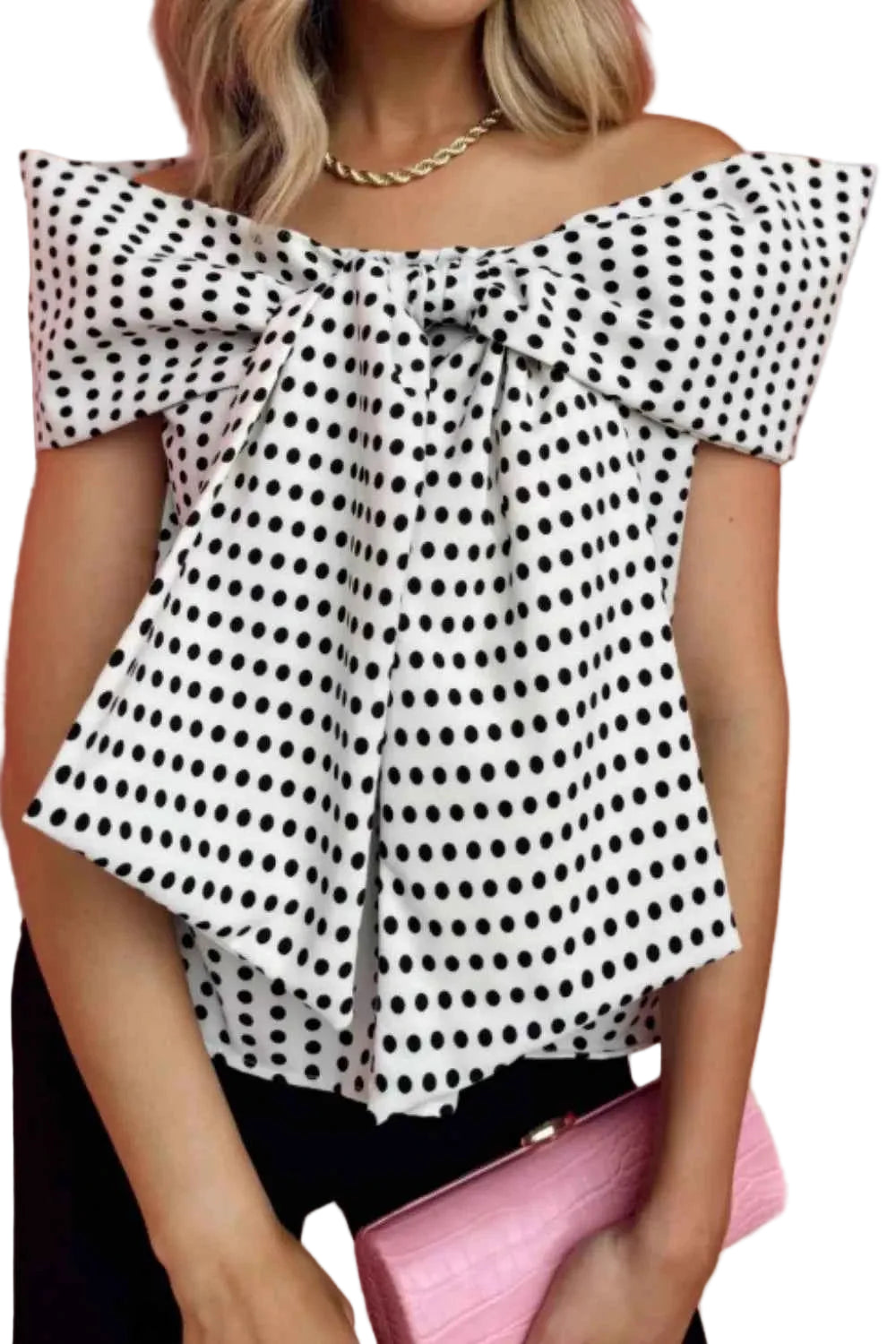 TEEK - Polka Dot Off Shoulder Bow Knot Short Sleeve Blouse TOPS TEEK Trend White S