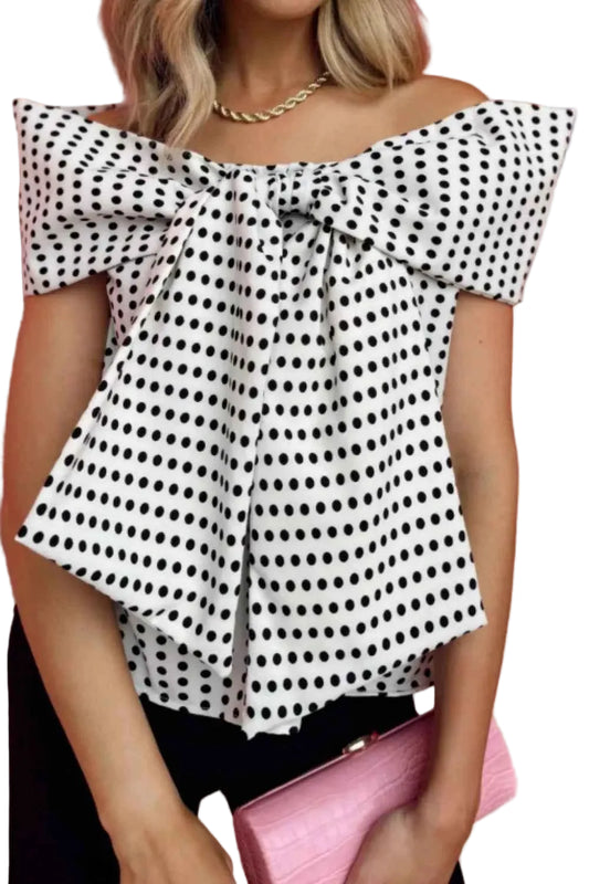 TEEK - Polka Dot Off Shoulder Bow Knot Short Sleeve Blouse TOPS TEEK Trend White S