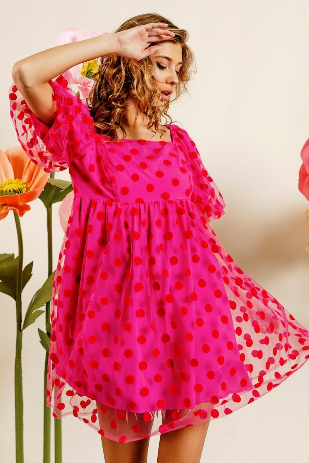 TEEK - Fuchsia Polka Dot Mesh Puff Sleeve Dress DRESS TEEK Trend S  