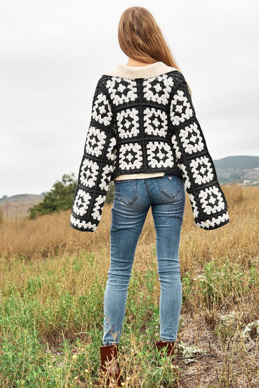 TEEK - Two-Tone Floral Square Crochet Cardigan SWEATER TEEK FG   
