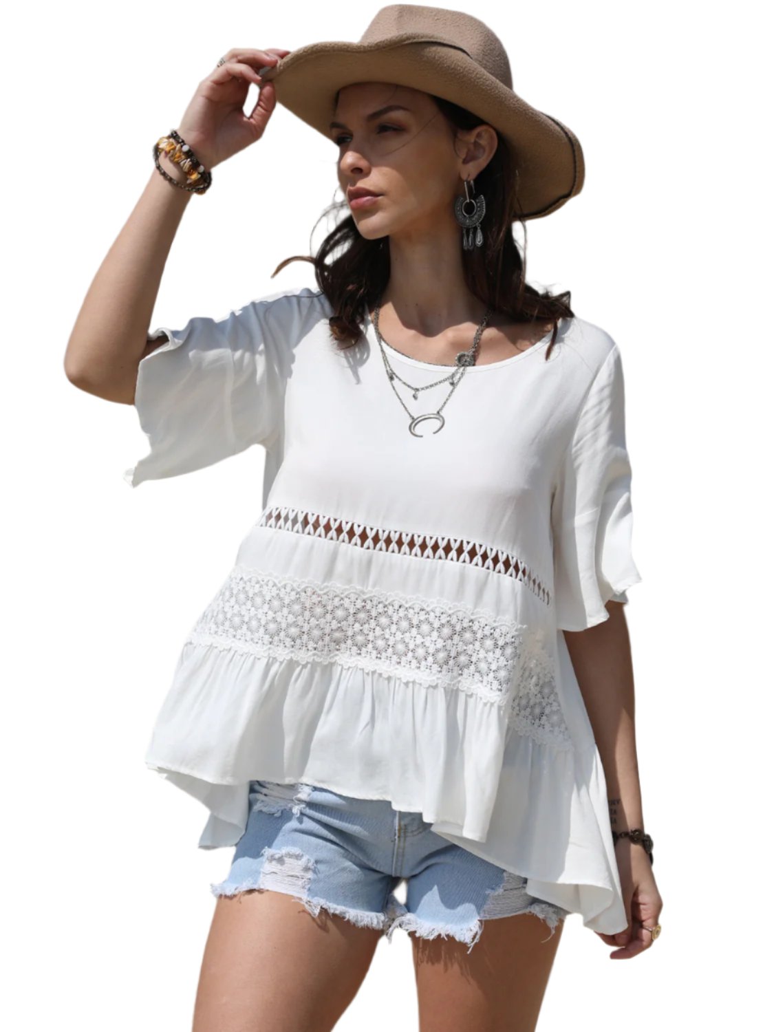 TEEK - White Lace Detail Round Neck Half Sleeve Blouse TOPS TEEK Trend S  