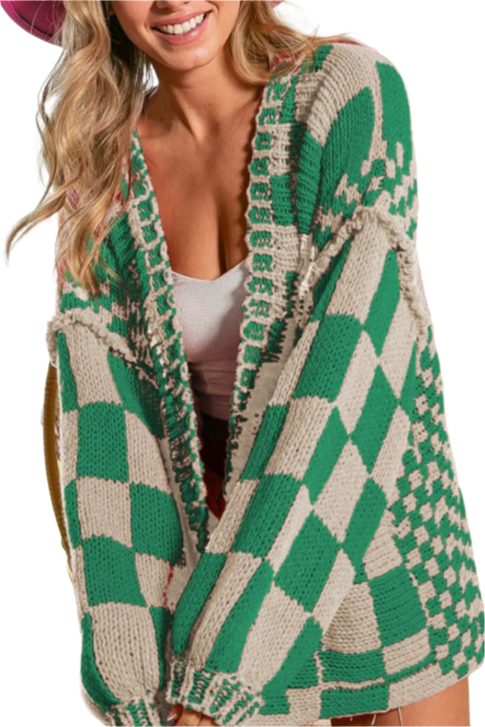 TEEK - Checkered Open Front Long Sleeve Cardigan SWEATER TEEK Trend