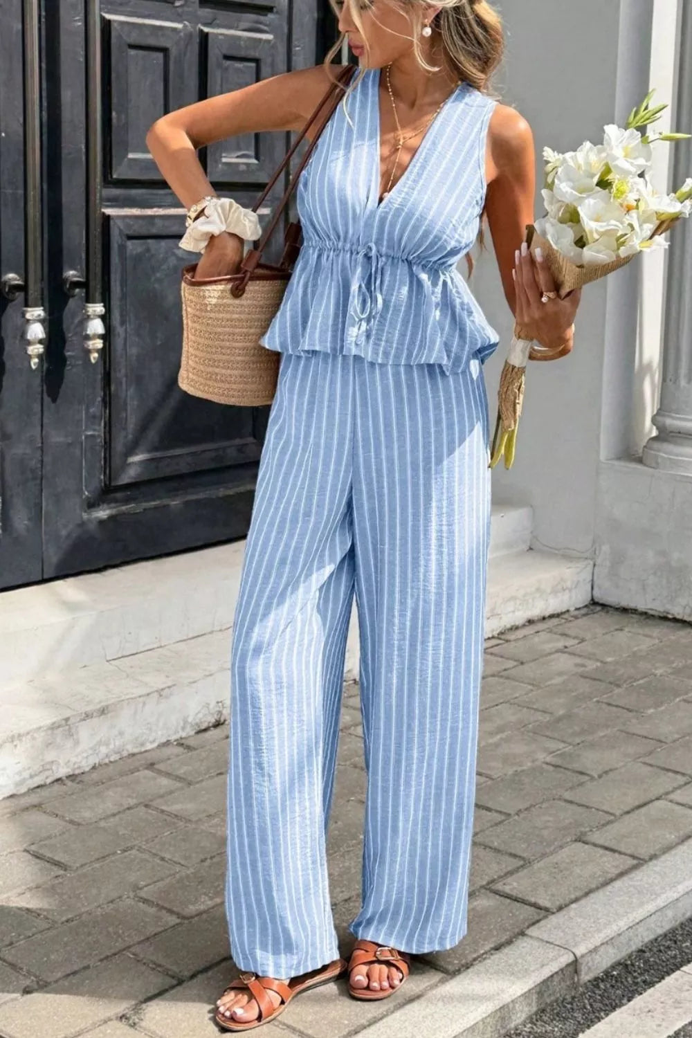 Striped Sleeveless Top and Wide Leg Pants Set Trendsi Light Blue S