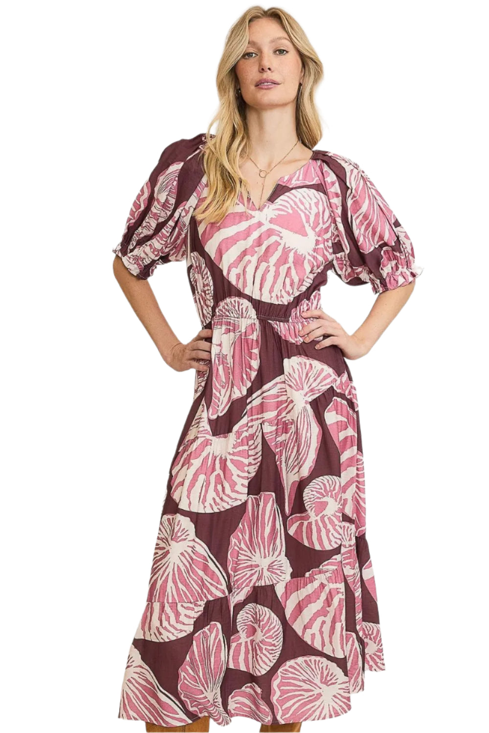 TEEK - Plum Mauve Umgee Printed Notched Puff Sleeve Midi Dress DRESS TEEK Trend S