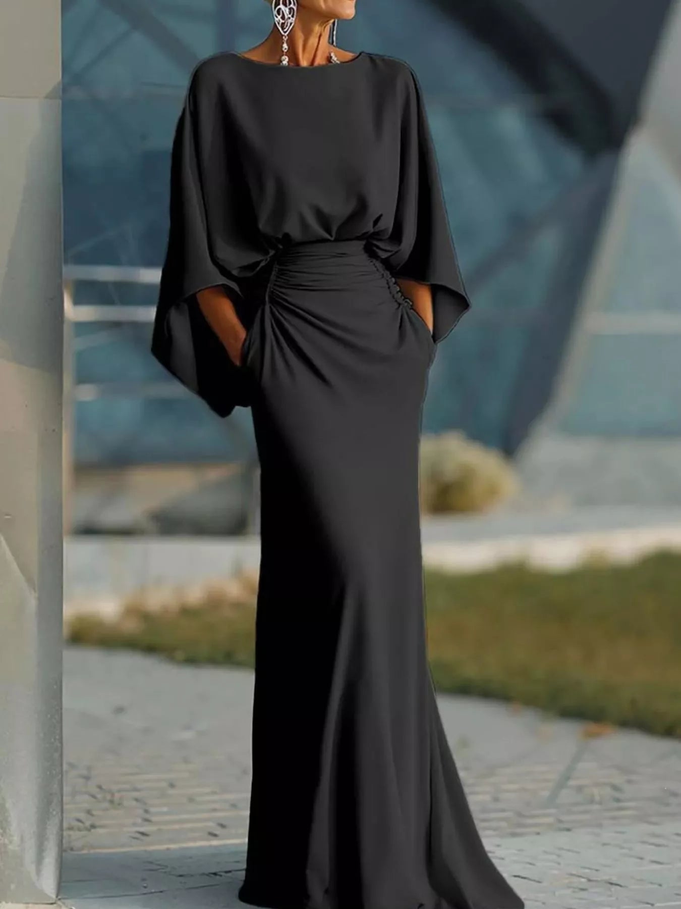 Batwing Sleeve Ruched Maxi Dress Trendsi Black S