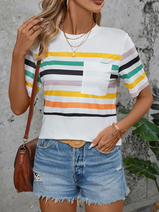 Striped Round Neck Short Sleeve T-Shirt  TEEK Trend White S 