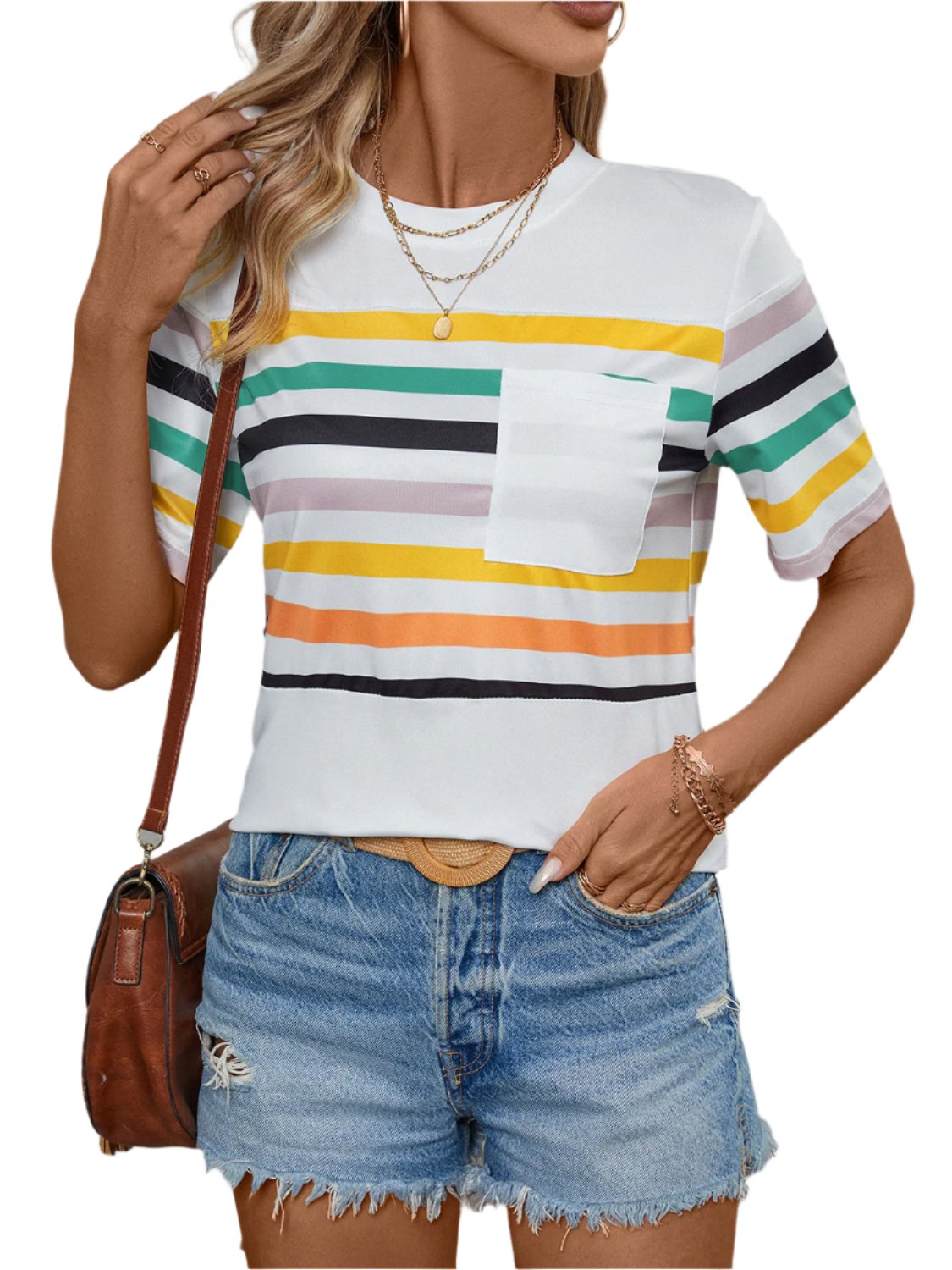 TEEK - White Striped Round Neck Short Sleeve T-Shirt TOPS TEEK Trend S  