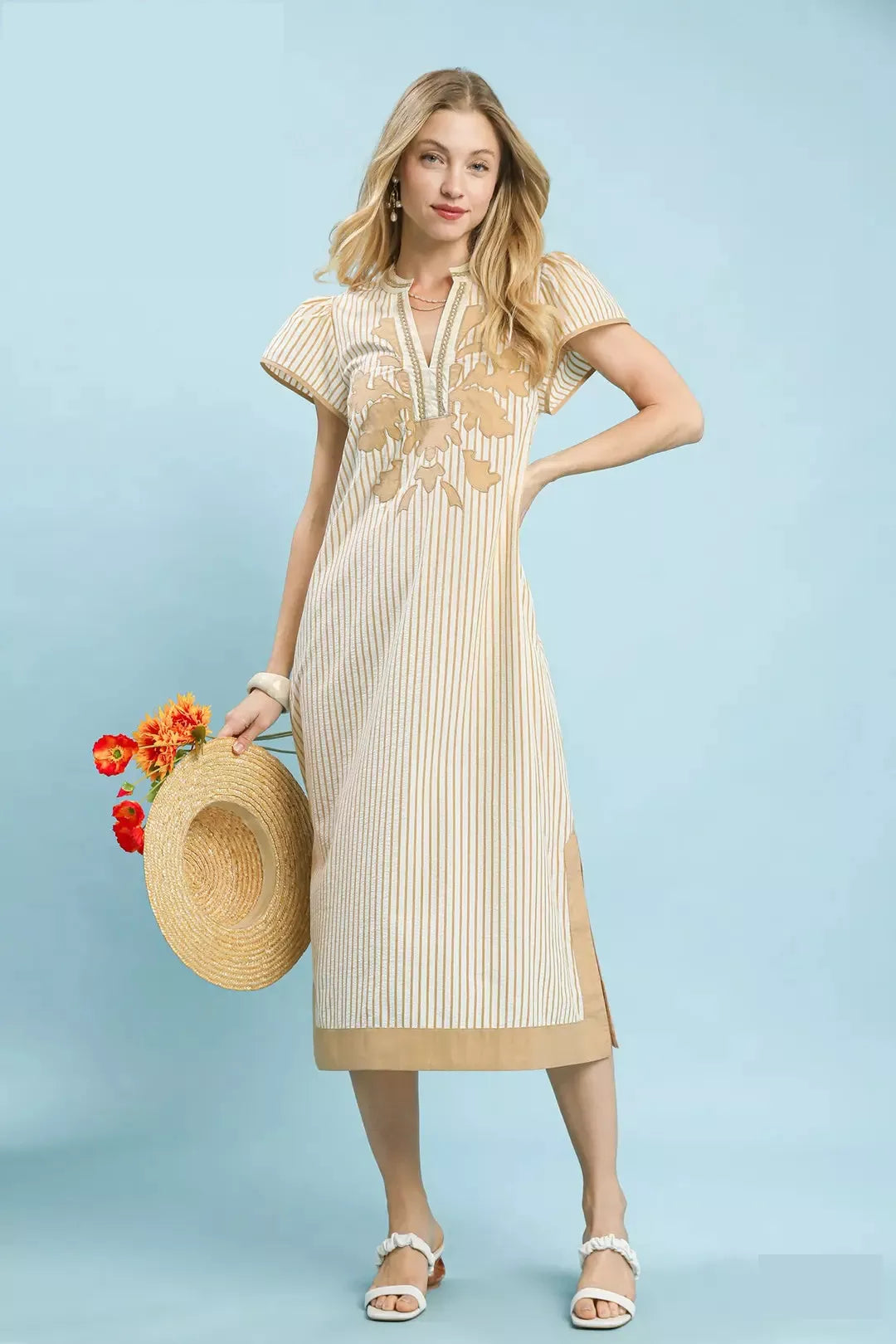 Umgee Stripe Midi Dress with Lace Trim Trendsi