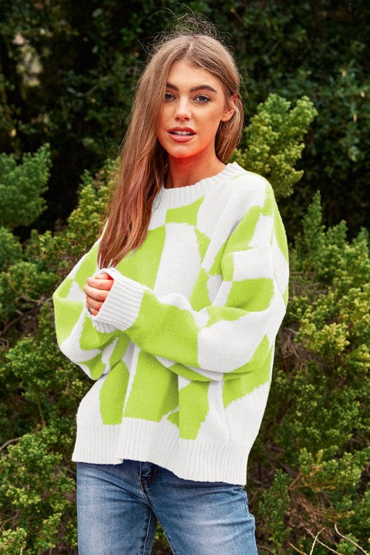 TEEK - Multi Geo Checker Knit Sweater TOPS TEEK FG Neon Lime S 