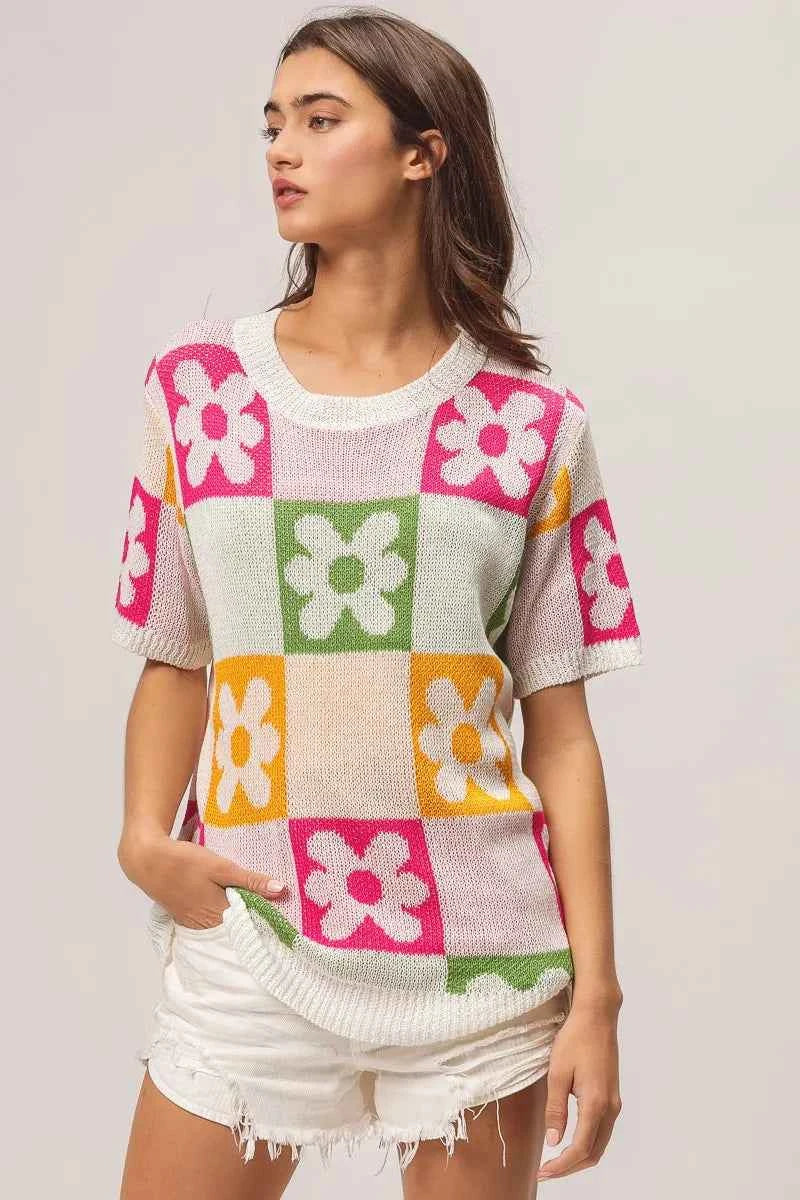 TEEK - Flower Checker Pattern Lightweight Sweater Top TOPS TEEK Trend