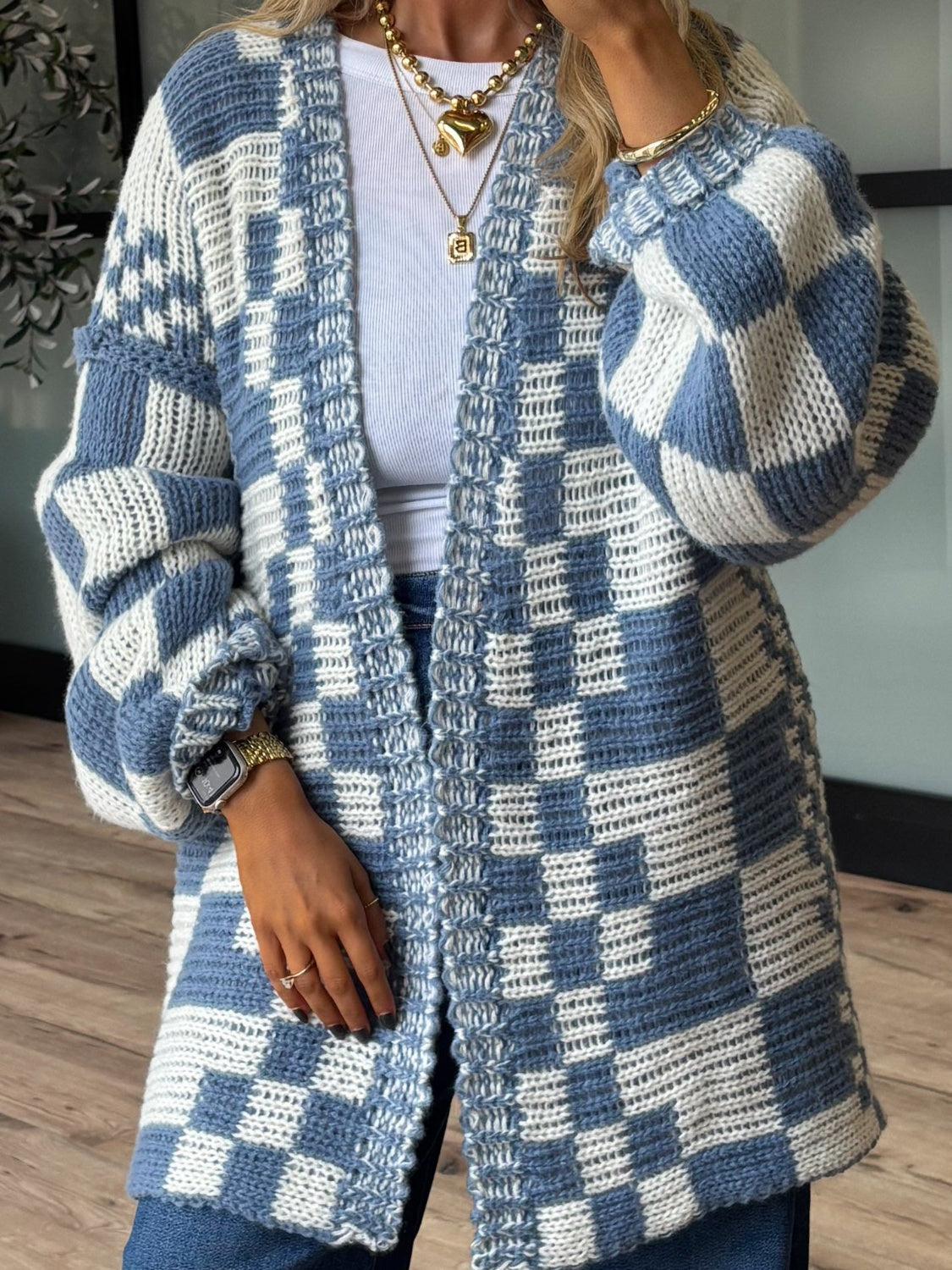 Checkered Open Front Long Sleeve Cardigan TEEK Trend