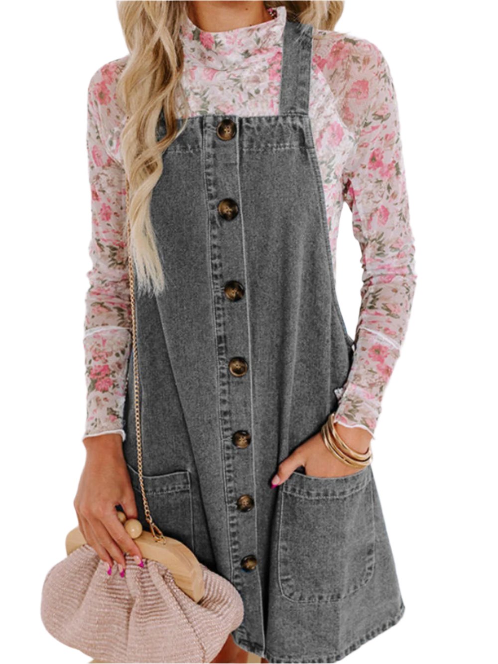 TEEK - Grey Wide Strap Button Down Denim Overall Dress DRESS TEEK Trend S