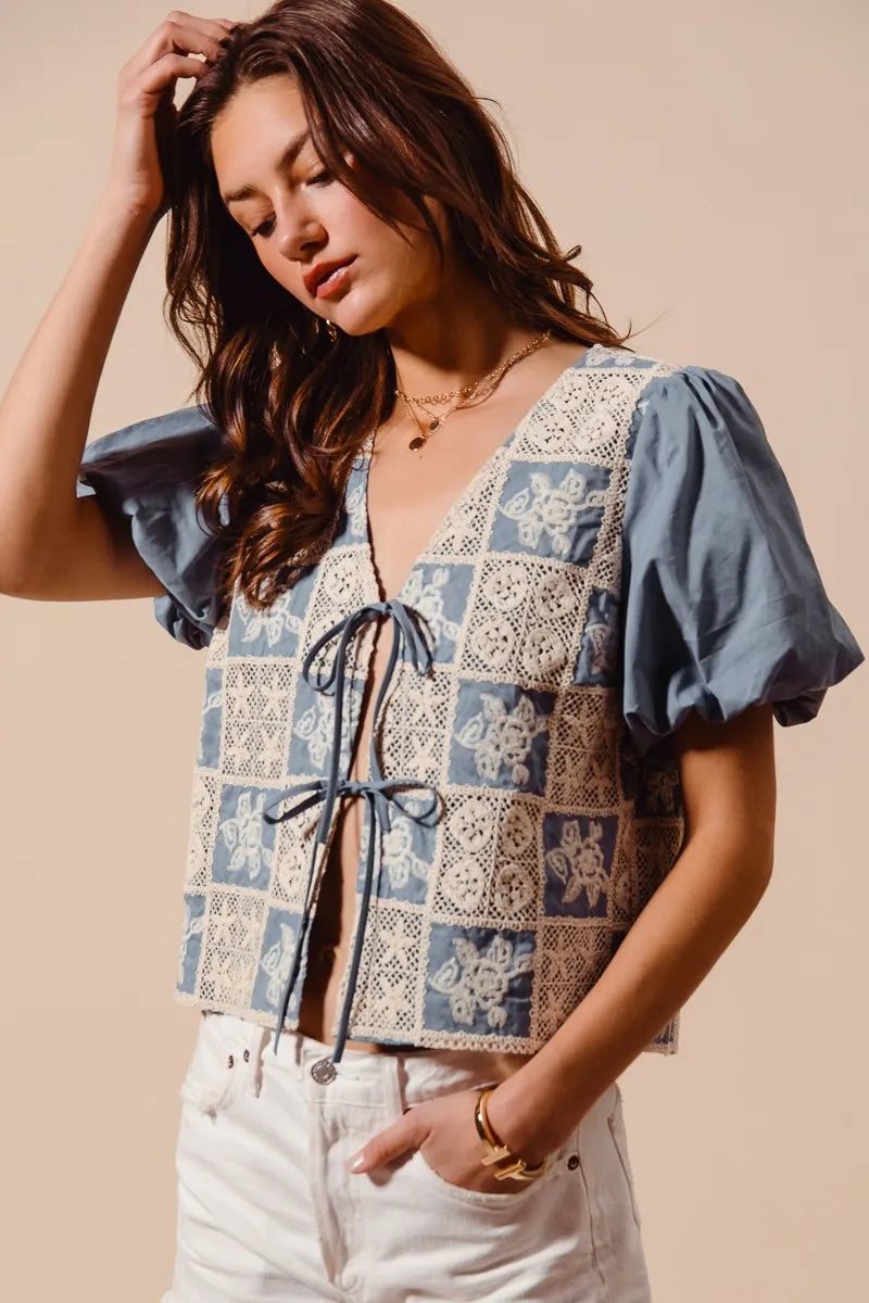 TEEK - Denim Blue Crochet Lace Tie Front V Neck Blouse Top TOPS TEEK Trend