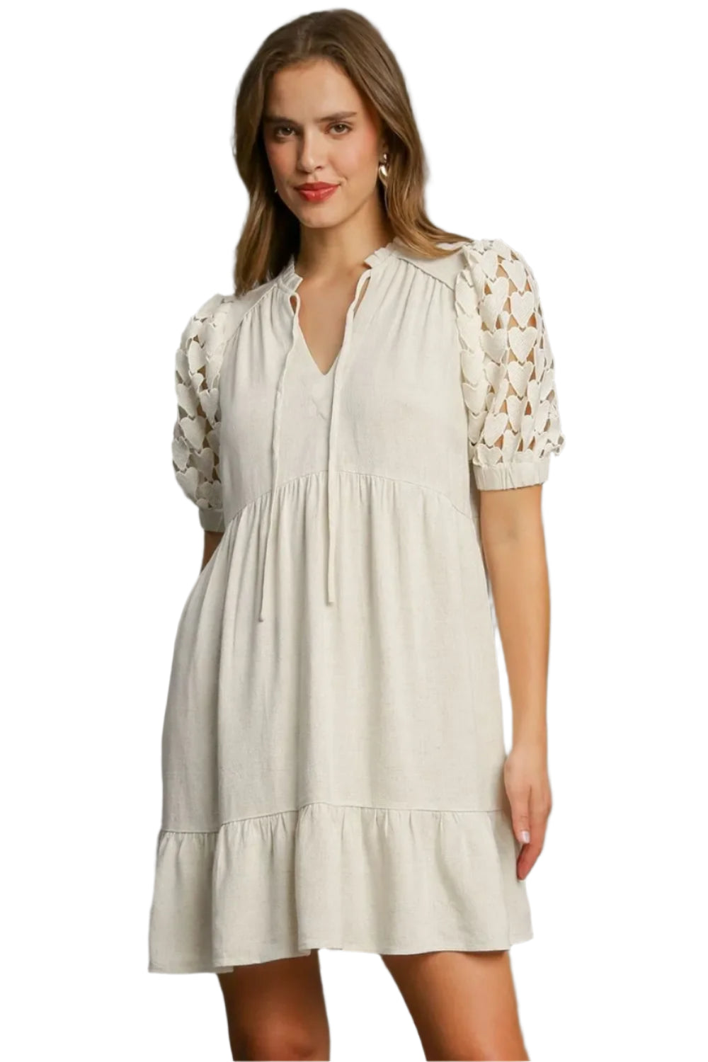 TEEK - Oatmeal Ruffled Hem Heart Lace Sleeve Tie Neck Dress DRESS TEEK Trend S