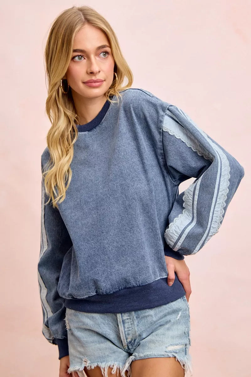 BiBi Washed Denim Lace Contrast Sided Sweatshirt Trendsi