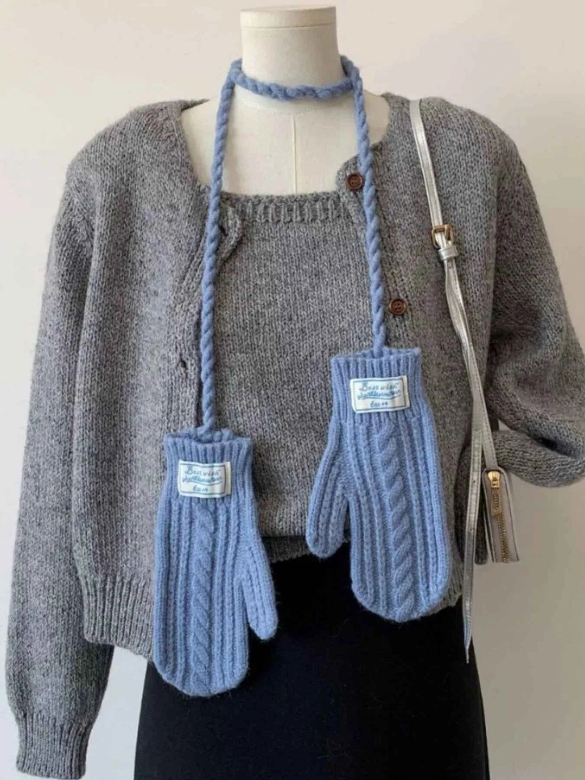 Cable Knitted Mittens with Neck Strap Trendsi Sky Blue One Size