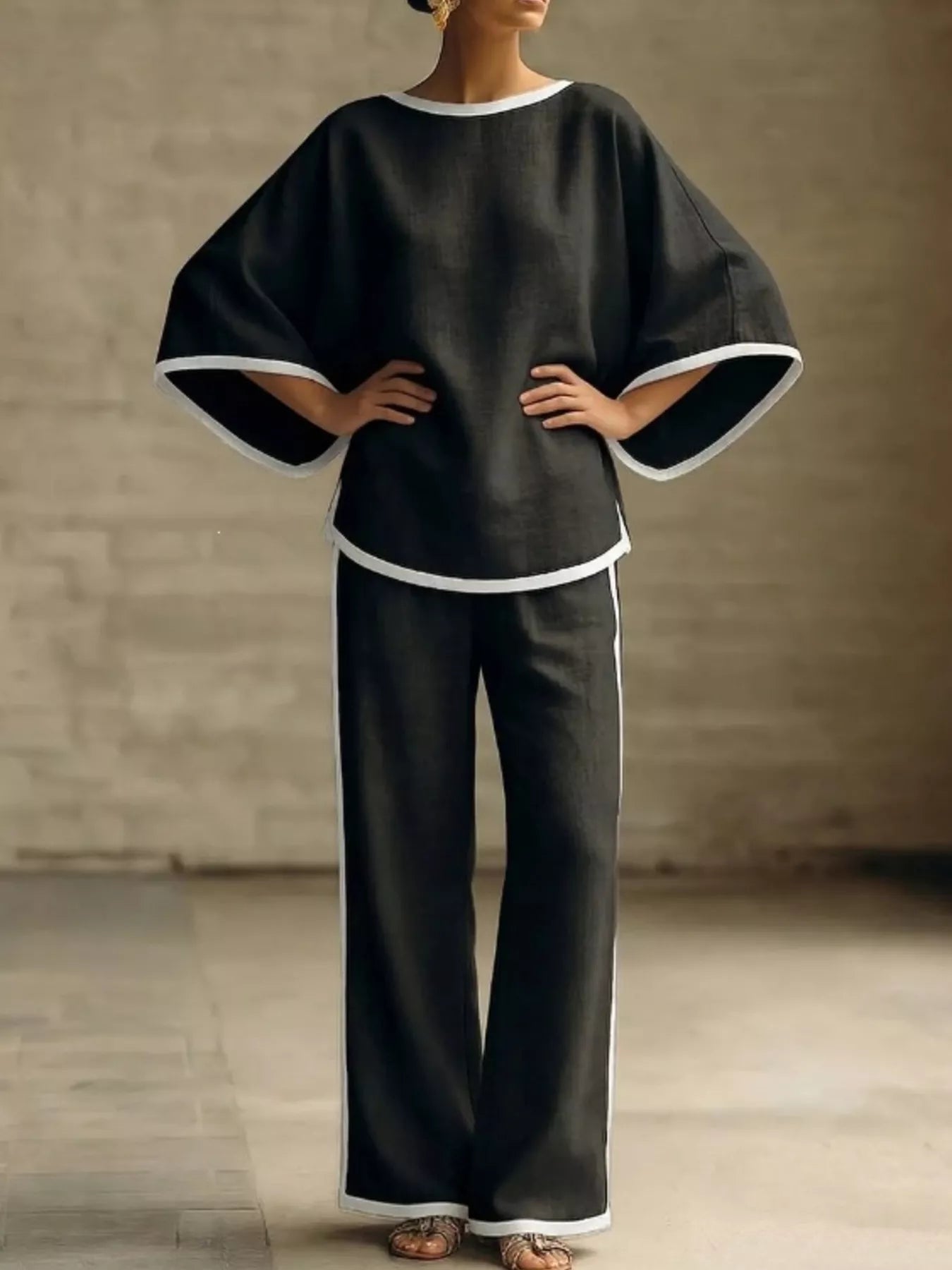 Full Size Contrast Trim Top and Wide-Leg Pants Set Plus Size Trendsi Black S