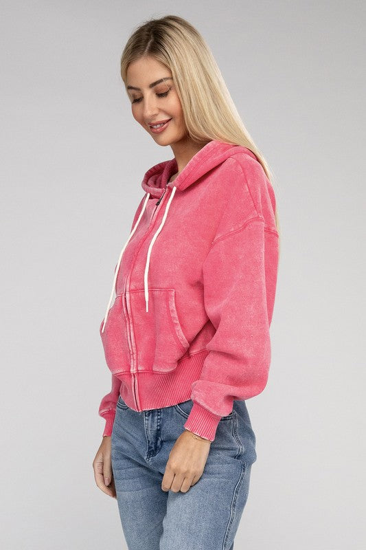 TEEK - Acid Wash Fleece Cropped Zip-Up Hoodie JACKET TEEK FG   