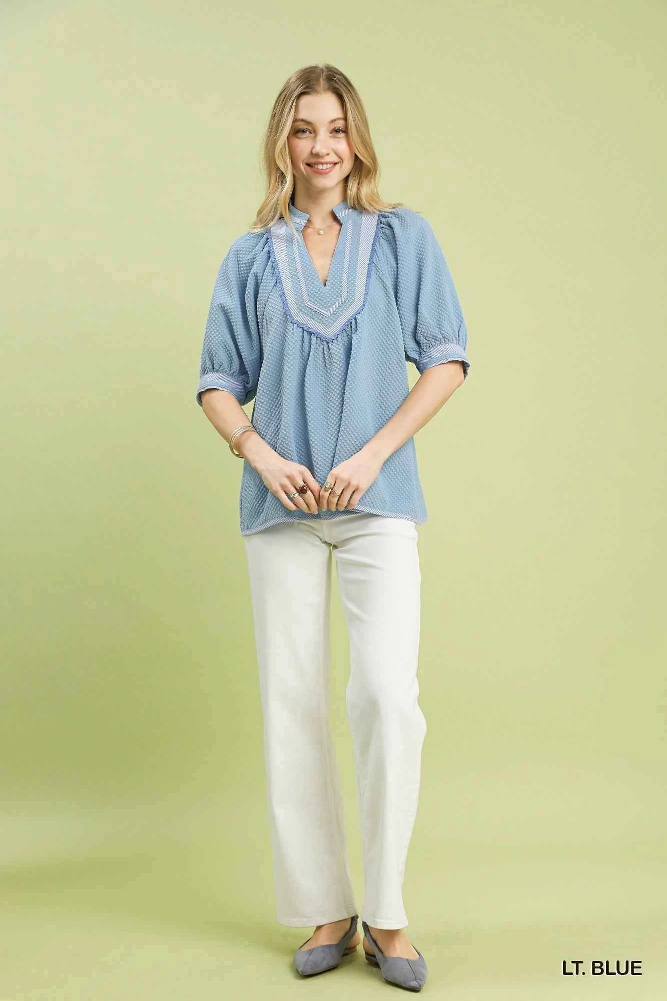 Umgee Textured Jacquard Contrast Trim Top Trendsi
