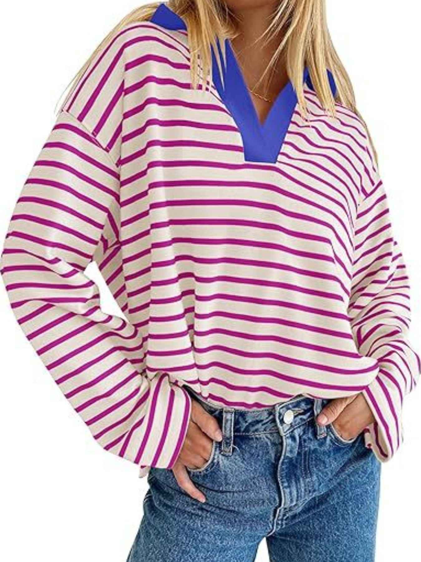 Striped Contrast Collar Long Sleeve Top Trendsi
