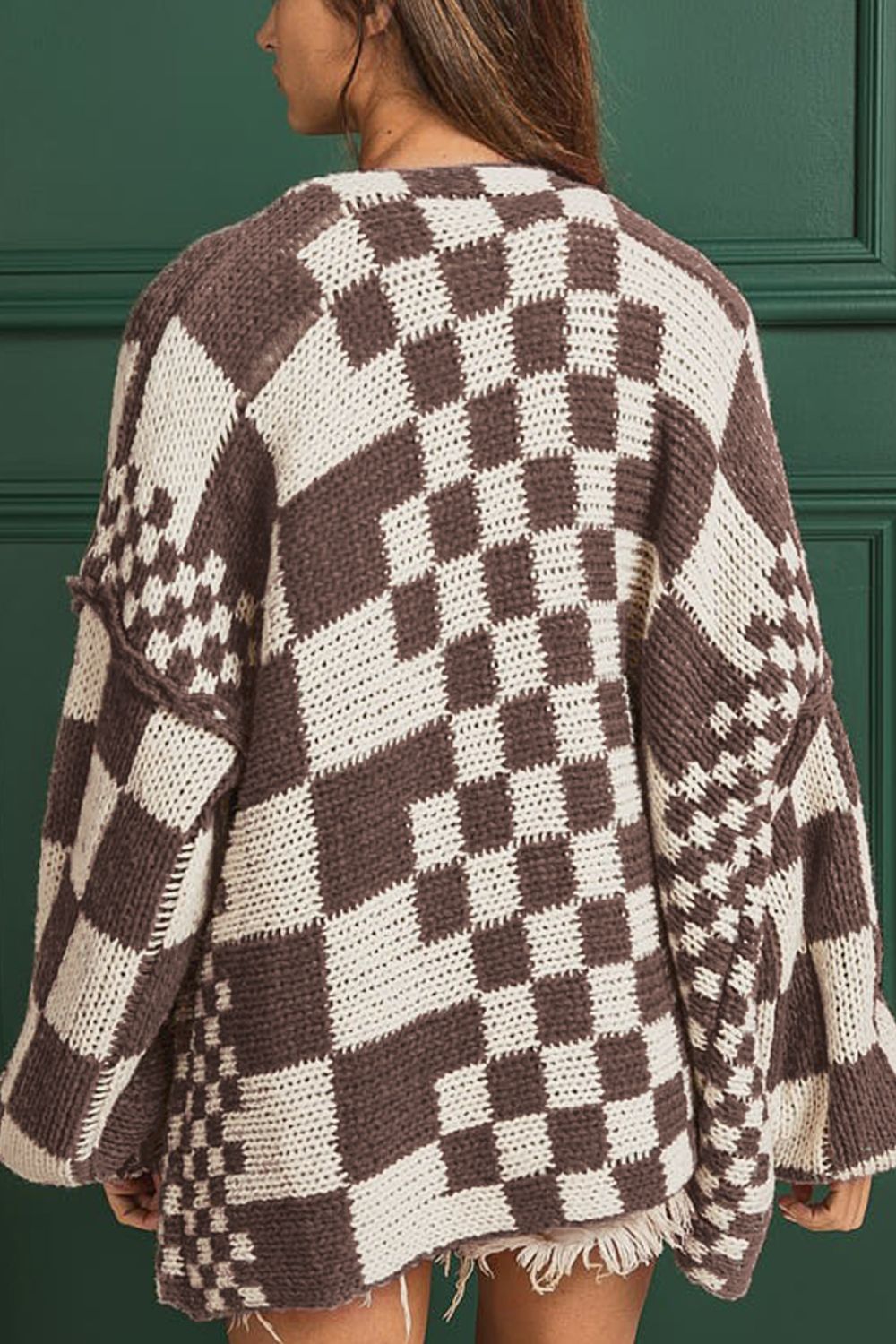 TEEK - Checkered Open Front Long Sleeve Cardigan SWEATER TEEK Trend