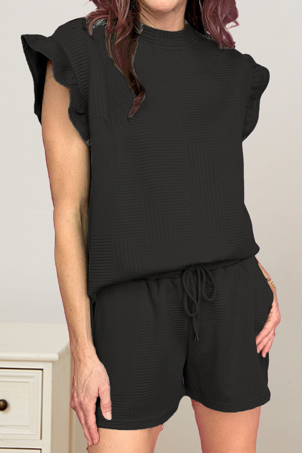 TEEK - Side Slit Ruffle Sleeve Top Drawstring Shorts Set SET TEEK Trend Black S 