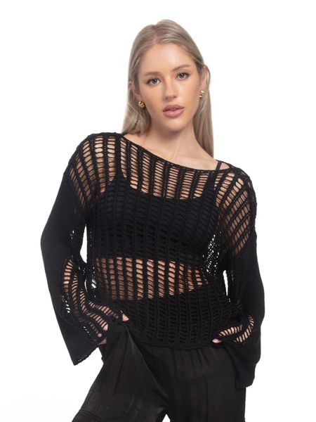 TEEK - Black Crochet Mesh Long Sleeves Beach Cover Up Top TOPS TEEK W   