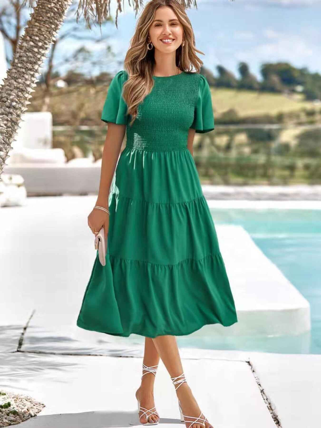 TEEK - Smocked Short Sleeve Tiered Dress DRESS TEEK Trend