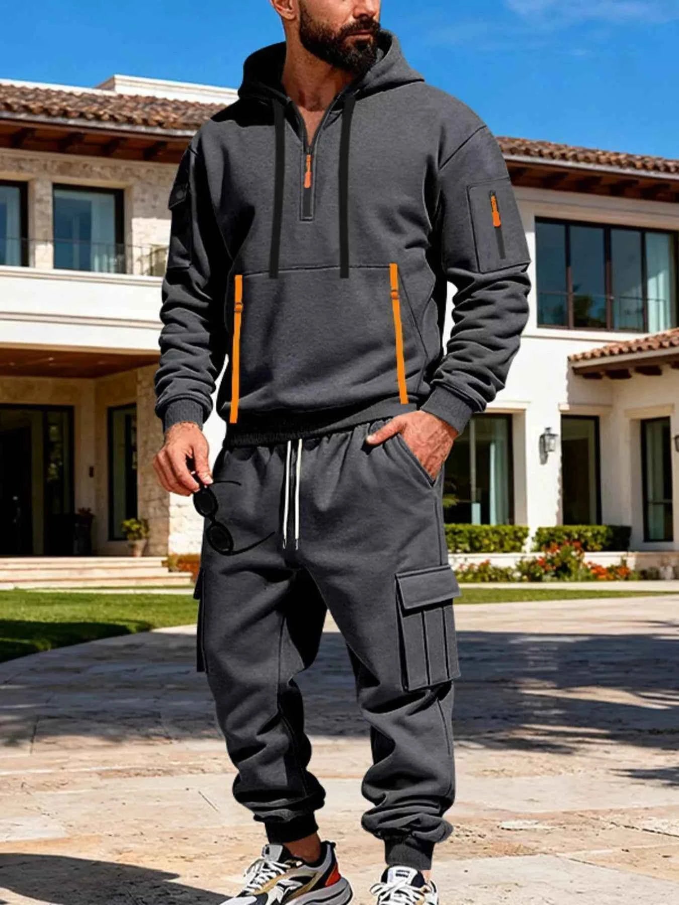 TEEK - Mens Full Size Half Zip Hoodie and Cargo Pants Set SET TEEK Trend