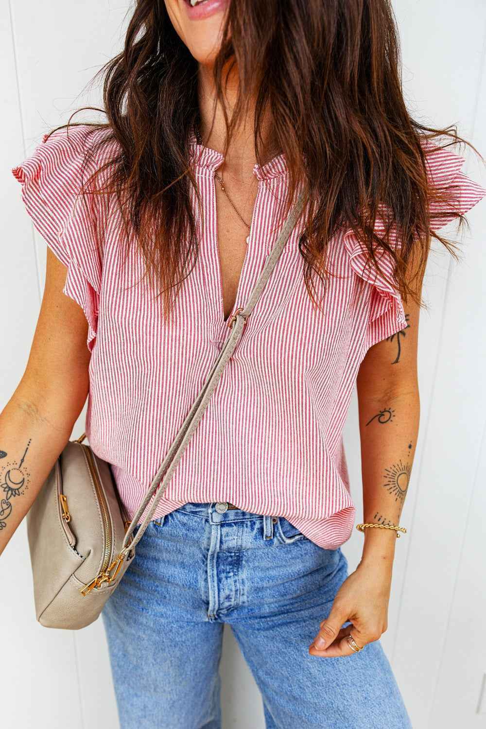 TEEK - Stripe Frilly Split Neck Double Ruffled Short Sleeve Blouse TOPS TEEK Trend