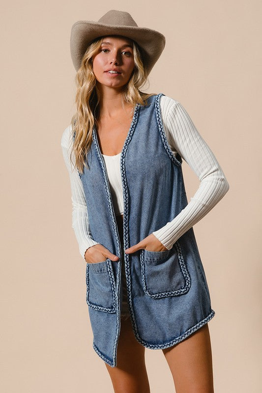 TEEK - Braided Trim Open Front Denim Vest with Pockets VEST TEEK Trend