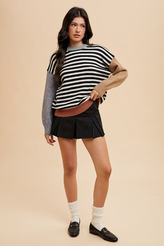 TEEK - Ivory Black Striped Color Block Sweater TOPS TEEK Trend