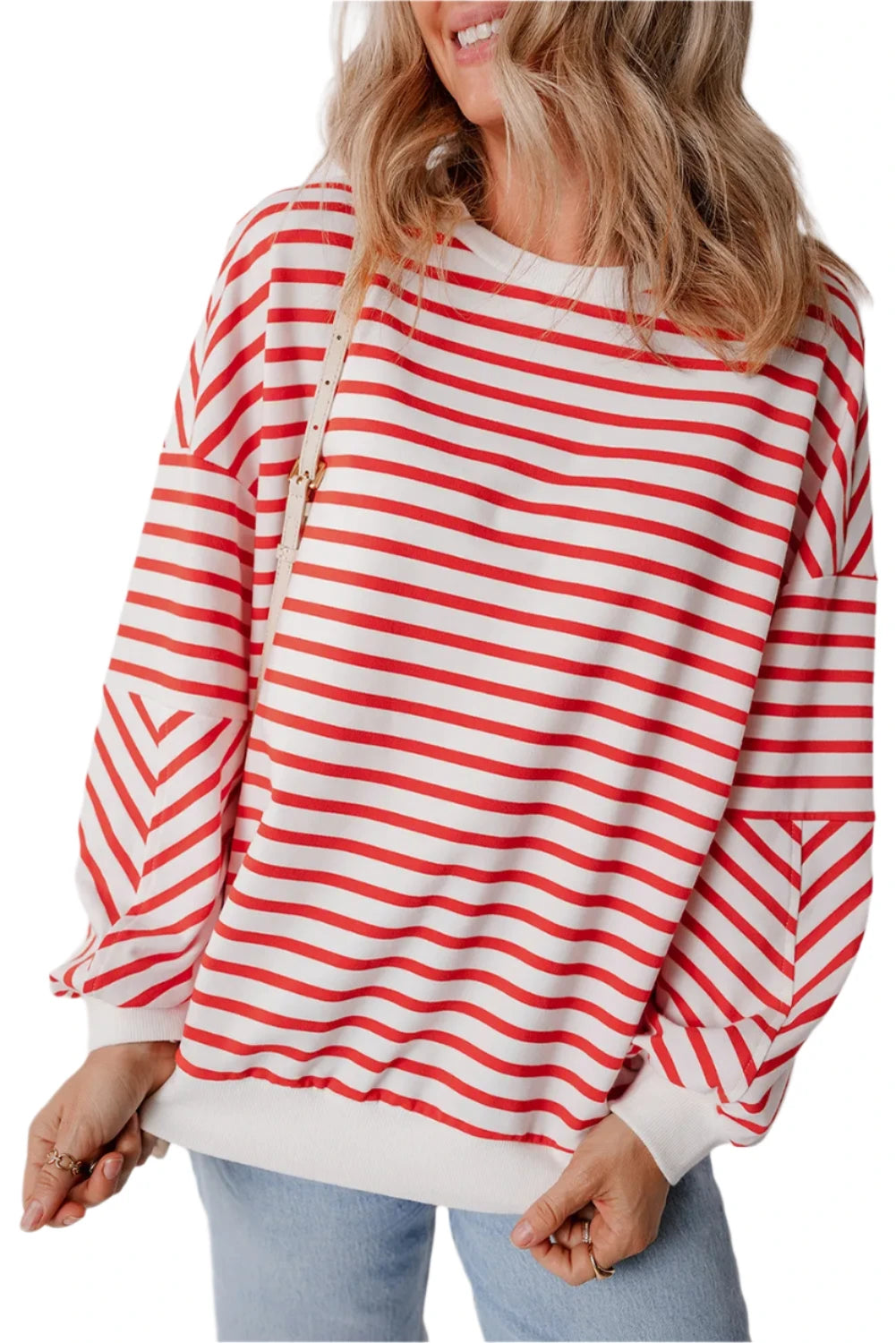 TEEK - Striped Dropped Shoulder Long Sleeve Sweatshirt TOPS TEEK Trend Deep Red S 