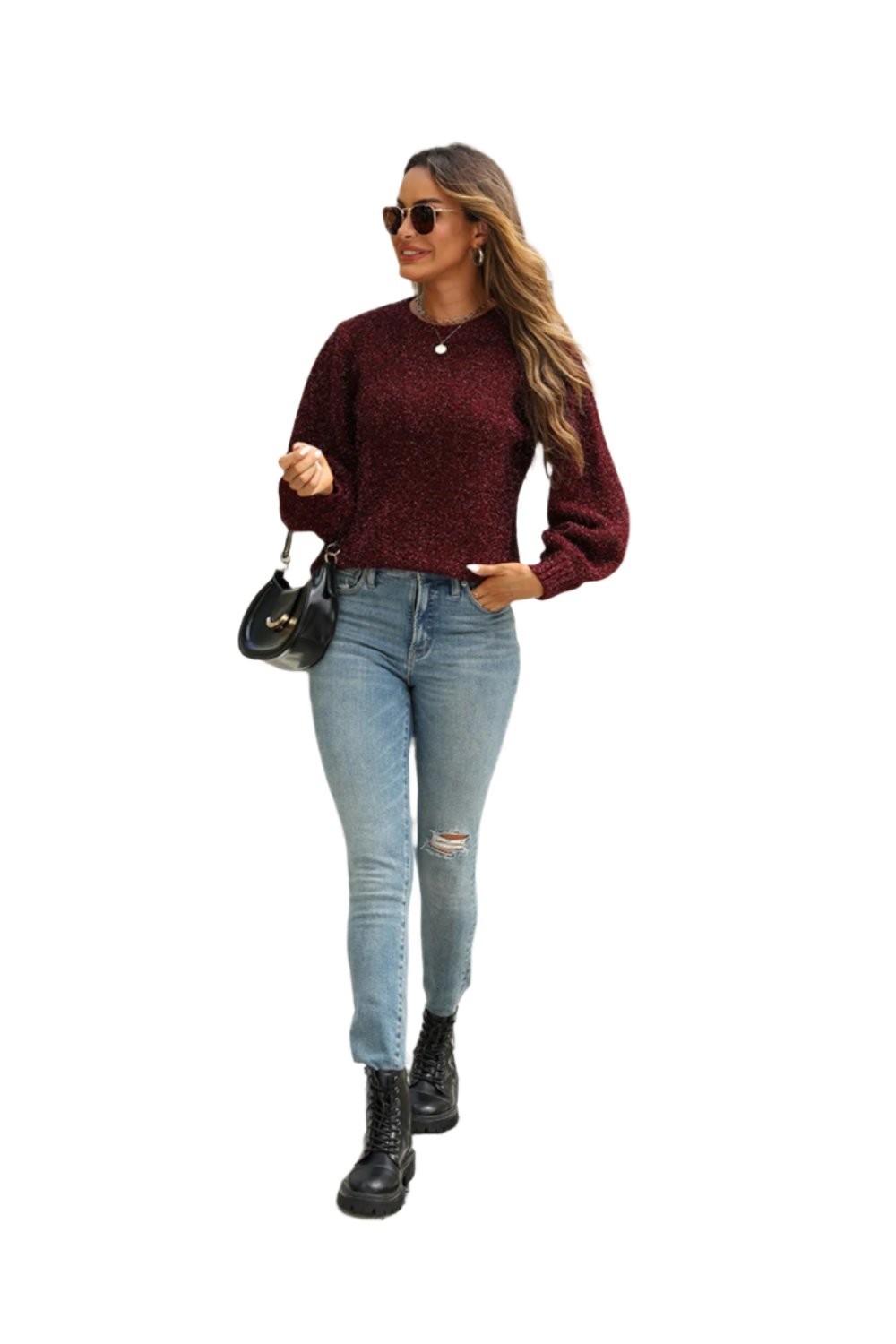 Tied Heathered Round Neck Long Sleeve Sweater TEEK Trend