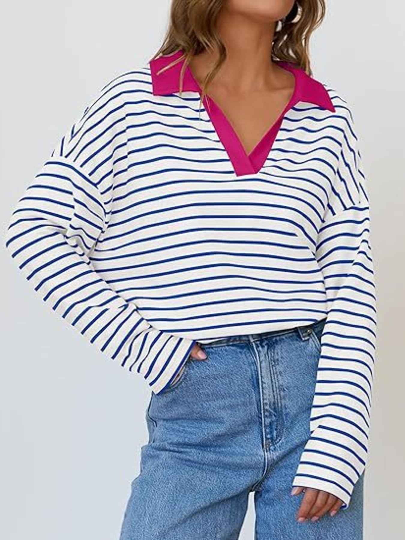 Striped Contrast Collar Long Sleeve Top Trendsi