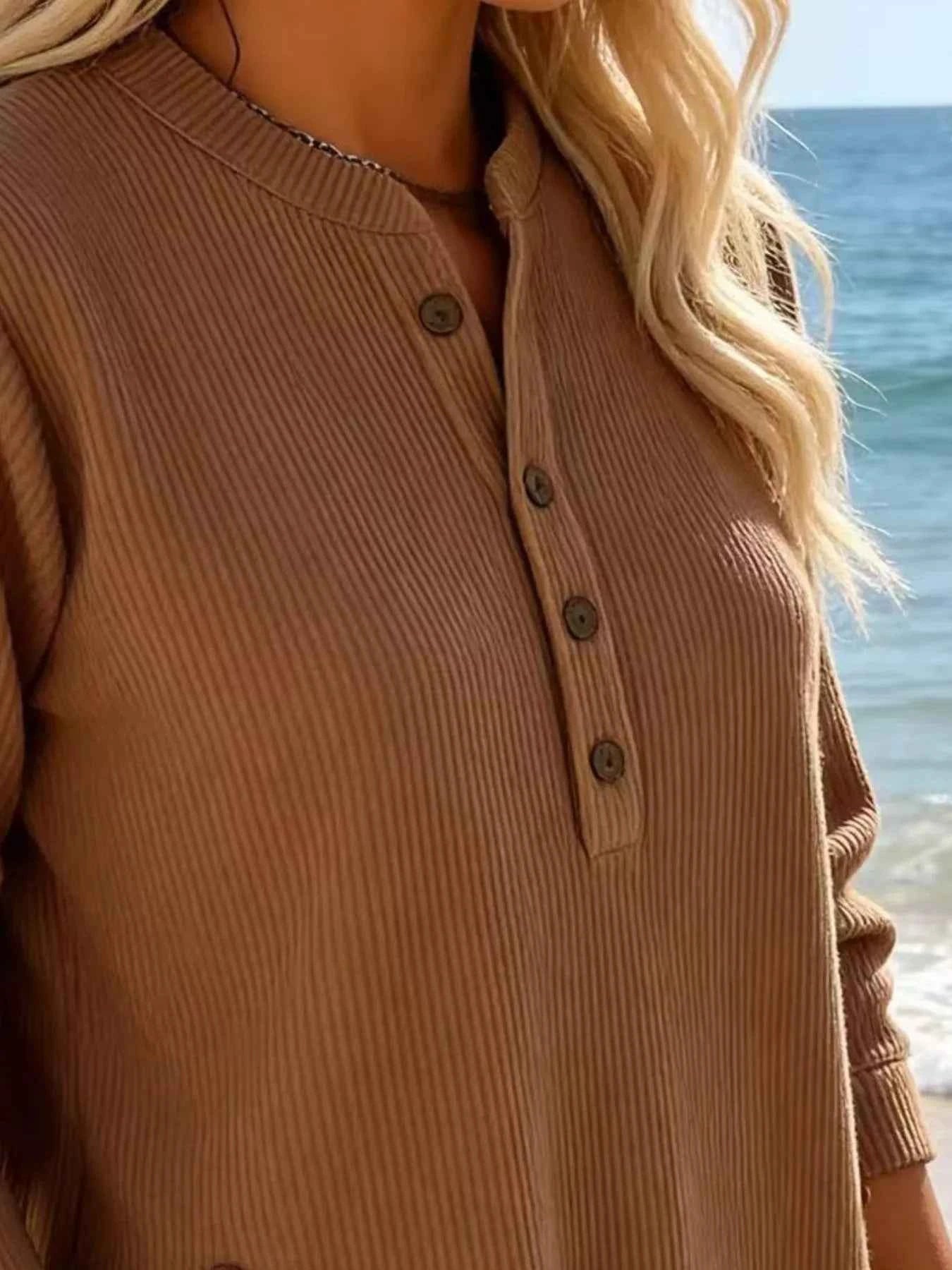 TEEK - Full Size Ribbed Half Button Henley Top Plus Size TOPS TEEK Trend