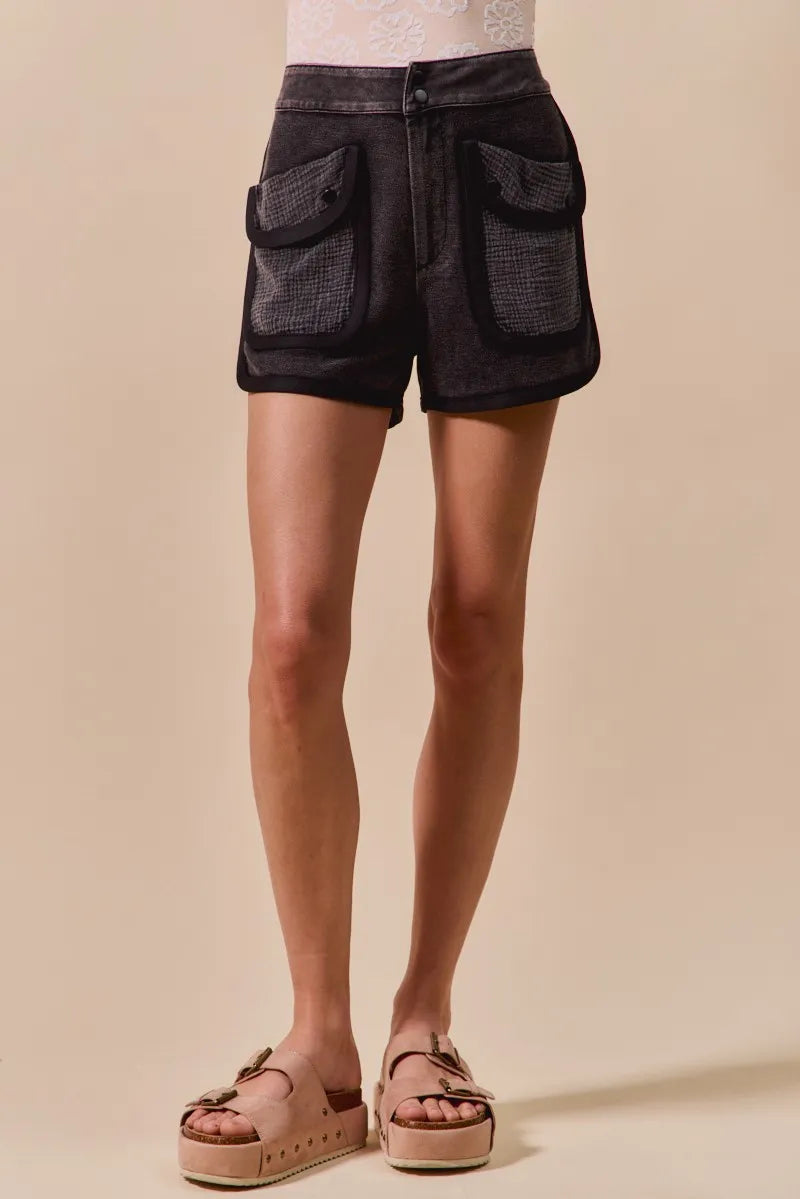 TEEK - Charcoal Black Mineral Washed Terry High Rise Cargo Shorts SHORTS TEEK Trend