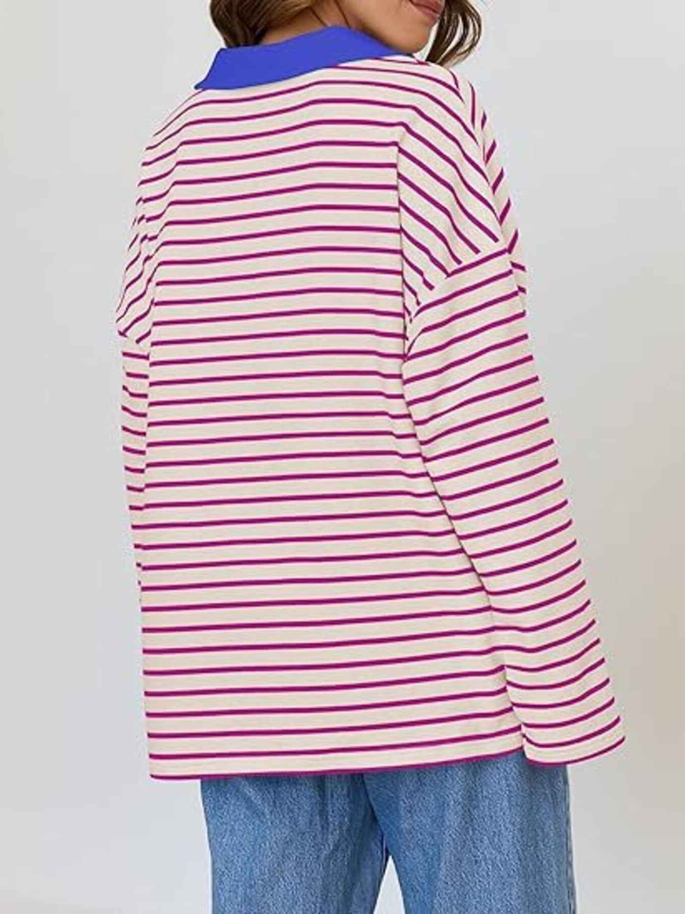 Striped Contrast Collar Long Sleeve Top Trendsi